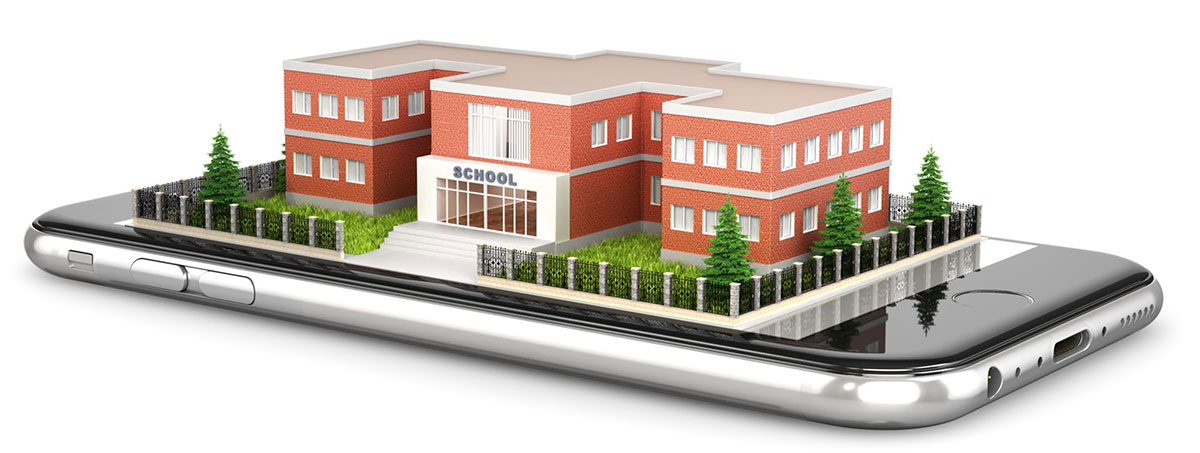 3D view of the exterior of a school building located on a mobile phone